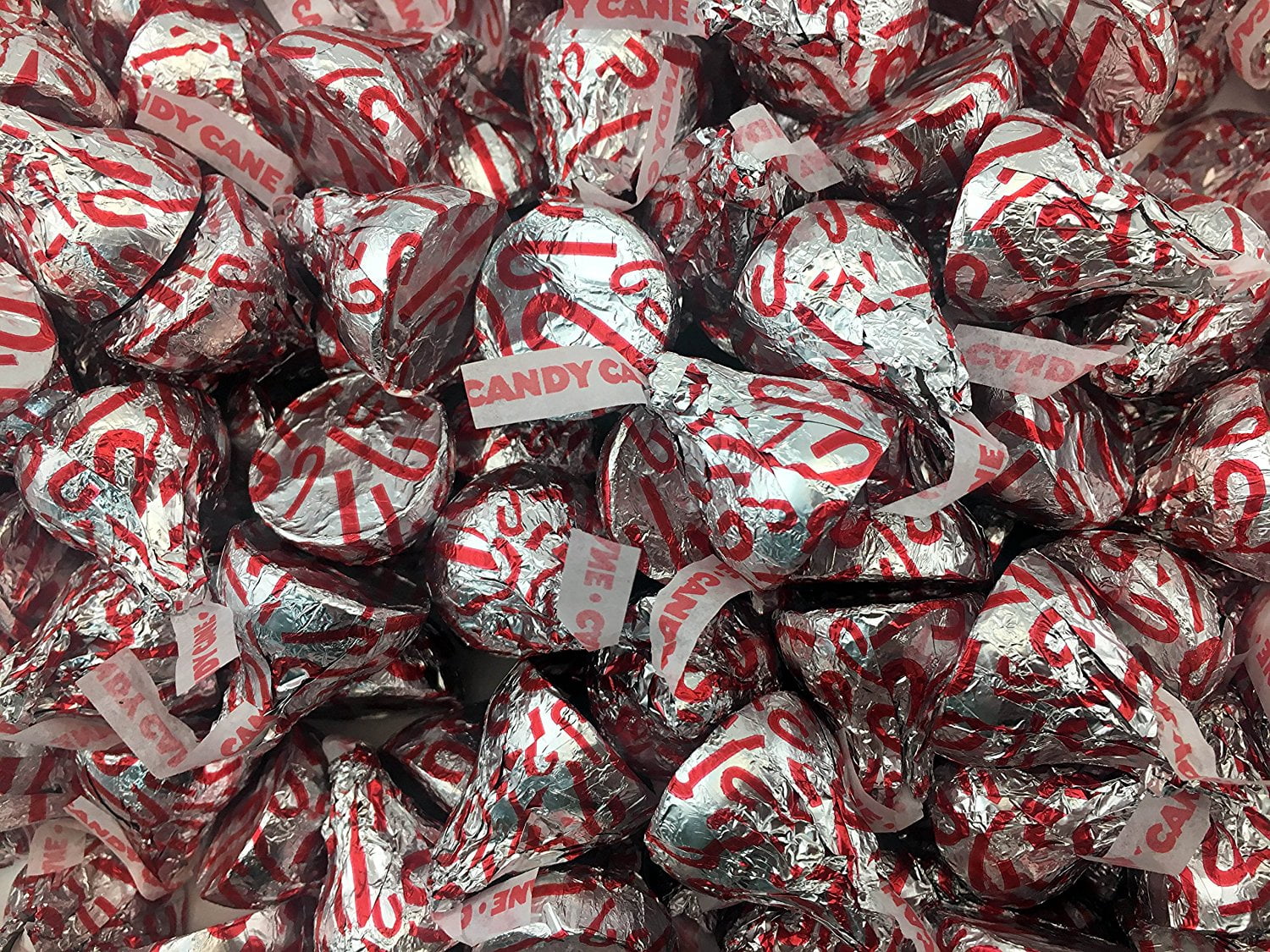 HERSHEY'S KISSES Candy Cane Mint Candy with Stripes and Candy Bits, Red Cane Silver Foil (Pack of 2 Pound)