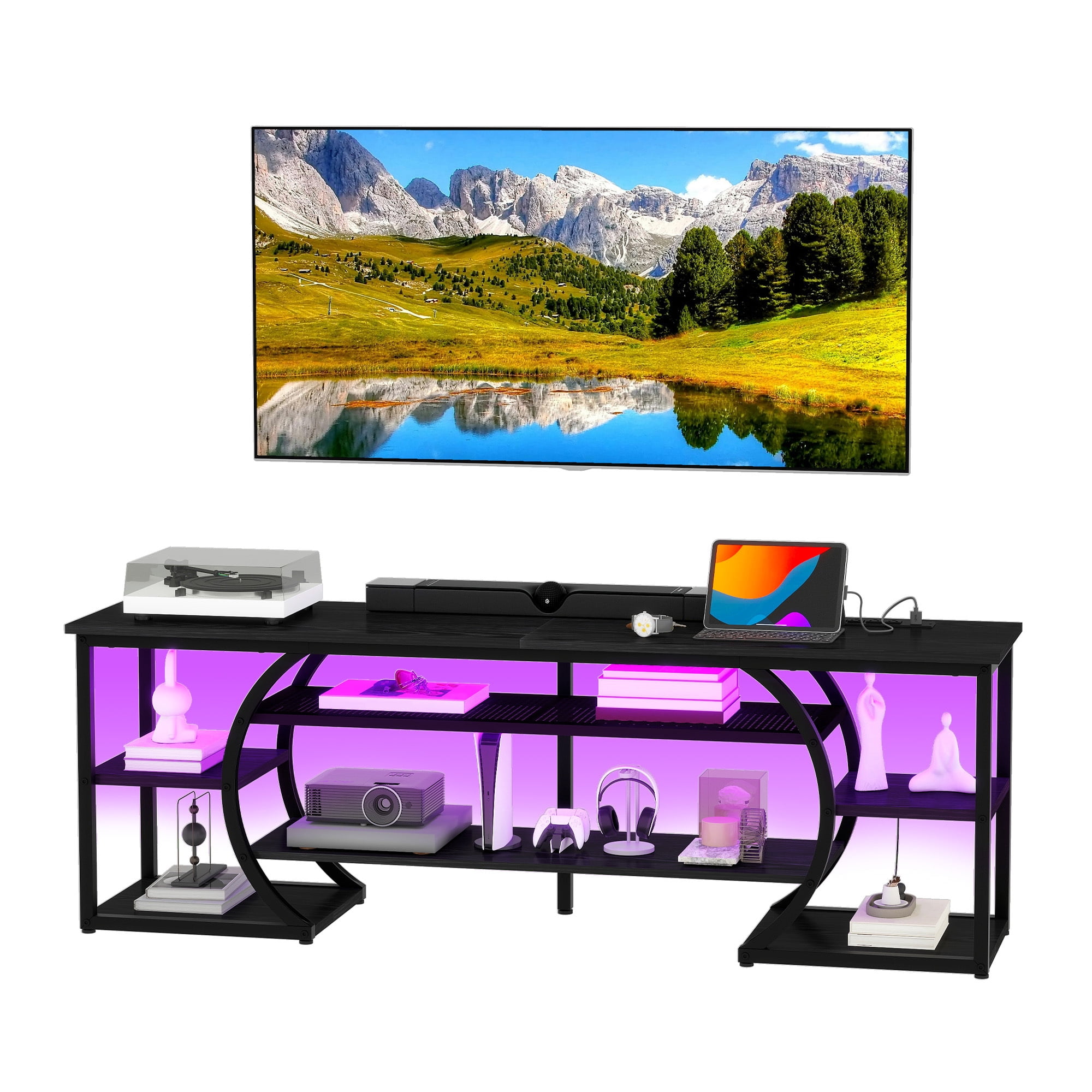 Uforic TV Stand for Up to 70-Inch TVs, Modern Black Entertainment Center with Power Outlets & RGB LED Lights, Media Console Cabinet with Storage for Living Room