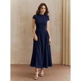 thumbnail image 3 of Blue Womens Elegant High Neck Cap Sleeve A-Line Pleated Midi Dress, 3 of 5