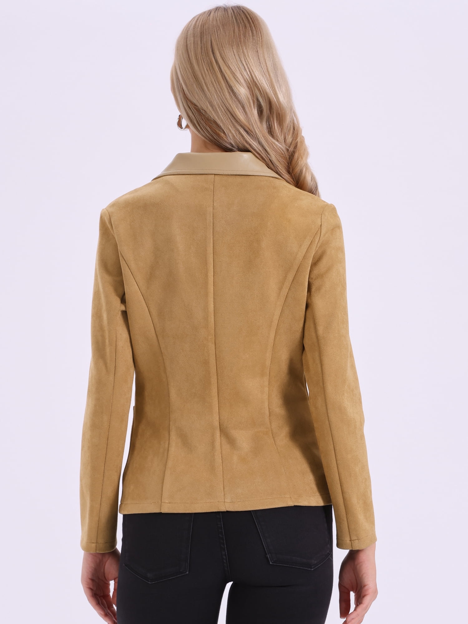 DARING DIVA Women's Faux Suede Lapel Collar Button Down Long Sleeve Blazer S Khaki