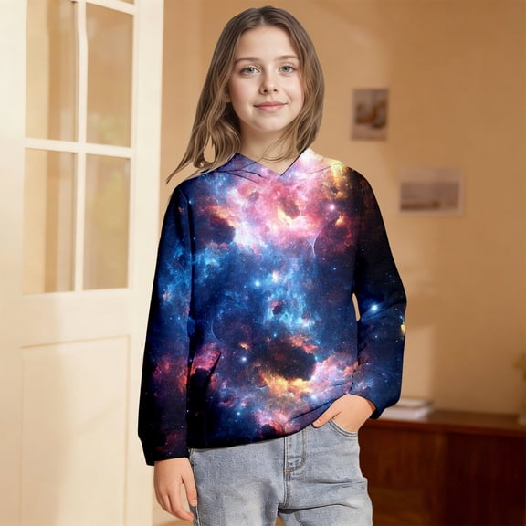 SOFTCCLO Girls Sweatshirts Galaxy Space Print Comfy Pullover Hoodie Top Casual Hoodies for Girls Size 3-4Y