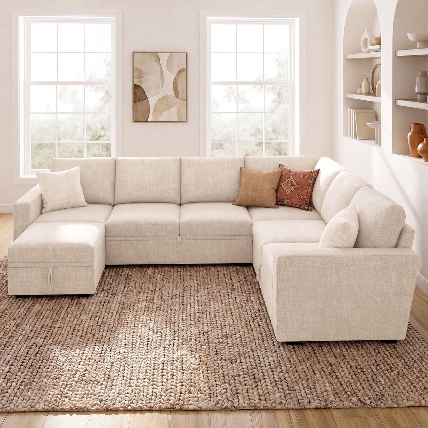 Marrber Convertible Linen Sleeper Sofa Couch Pull Out Sofa with Storage for Living Room Furniture Sets, Beige