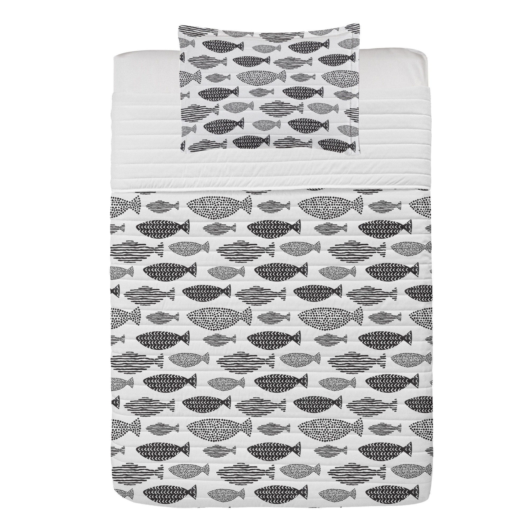 Fish Microfiber Bedspread Set, Minimalist Fish with Pared down Dots and