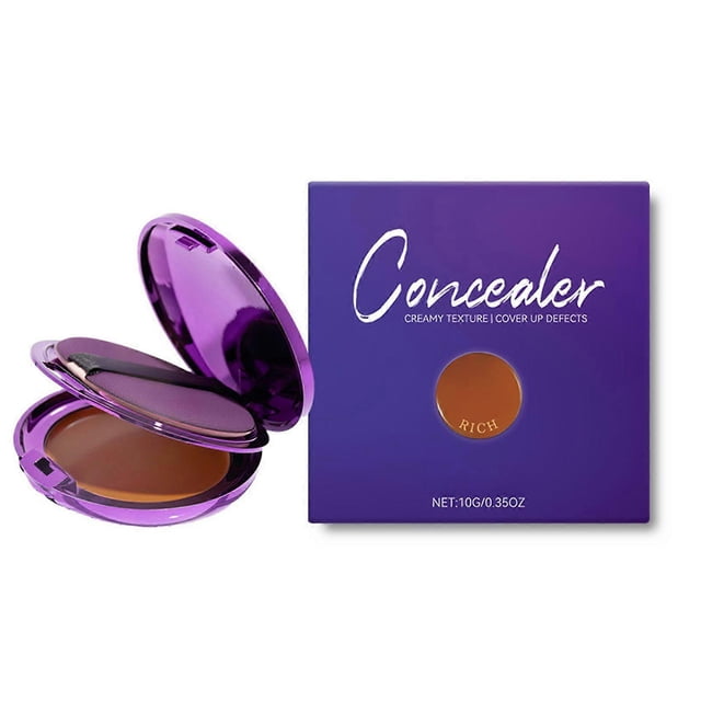 zephoco soft matte full coverage concealer, tattoos & spots cover up makeup cream — estuche compacto morado abierto con crema correctora tono marrón visible y esponja aplicadora; caja exterior morada con ventana de tono marcada "RICH"; vista frontal sobre fondo blanco, ideal para maquillaje corrector y cobertura total de imperfecciones.