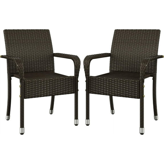 WLTER Set of 2 Stackable Outdoor Rattan Dining Chairs, All-Weather Armchair w/Armrests, Steel Frame for Garden, Patio, Deck, Yard, Poolside, Brown