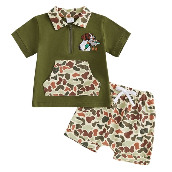 Ulanda Toddler Baby Boy Summer Clothes Camouflage Quarter Zip Short Sleeve T Shirt Shorts 2 Piece Outfits Set (Green, 18-24 Months)