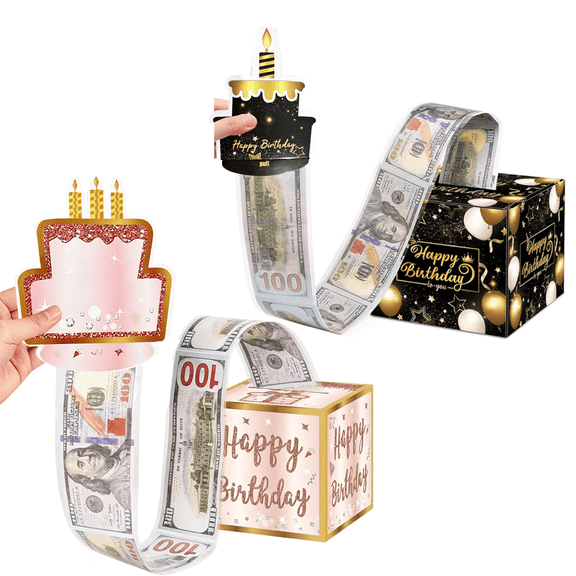 2 Pack Black & Rose Gold Birthday Money Gift Box with DIY Age Stickers, Pull Out Happy Birthday Day Card and 100Pcs Transparent Bags
