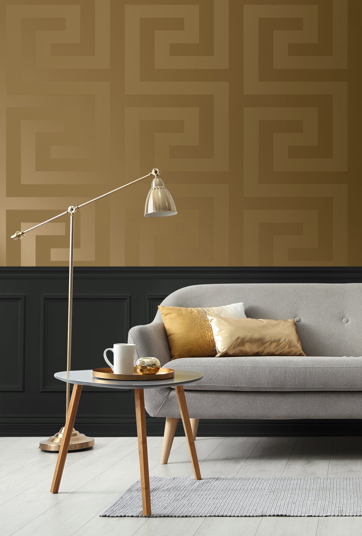 NextWall Dark Antique Gold Geometric Maze Peel and Stick Wallpaper - 20.9 in. W x 18 ft. L Roll