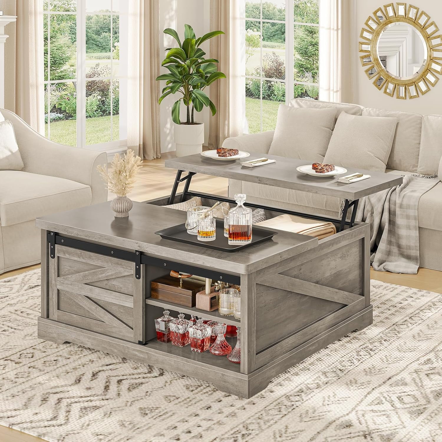 39.4" Lift-Top Coffee Table with Storage, Farmhouse Square Coffee Table with Drawers, Sliding Door and Hidden Storage Compartment, Center Table Gaming Station or Workspacefor Living Room, Grey