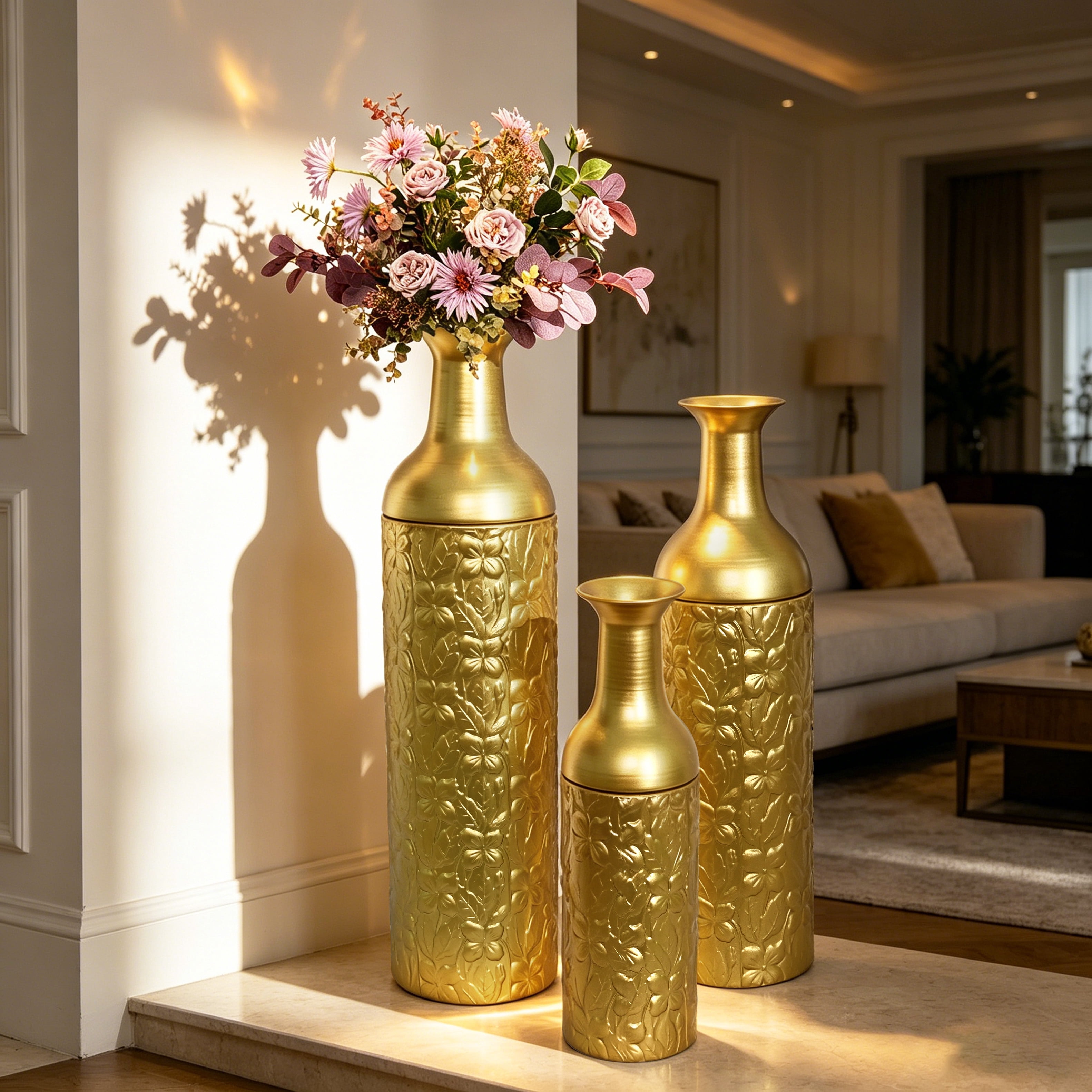 Metal Floor Vases Set of 3 with Leaf Pattern, Tall Decorative Vases and Home Decor Accents for Living Room Entryway, Gold
