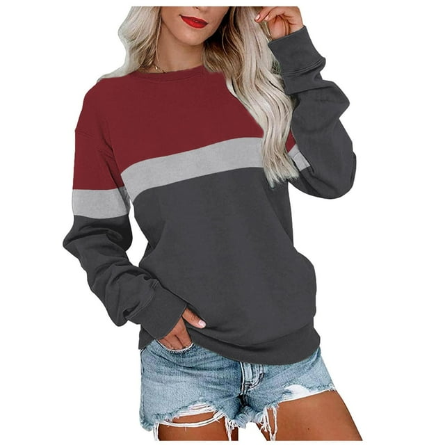 Pntutb Moda Mujer Jersey Cuello Redondo Manga Larga Color Blusas Suéter tops Pntutb Pntutb-3440