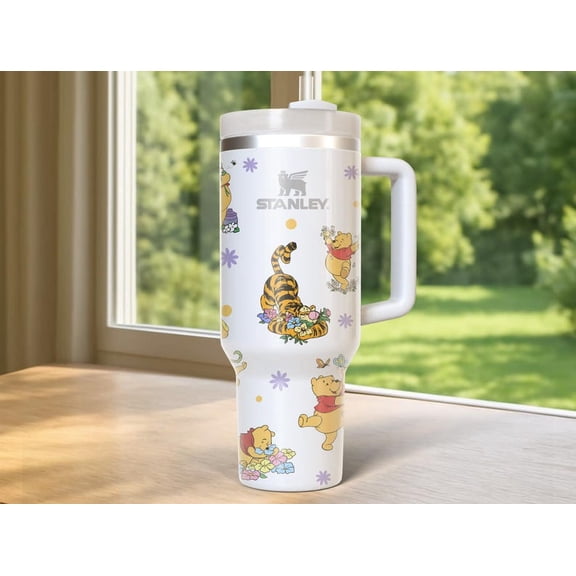 Classic Hundred Acre Wood 40oz Insulated Travel Tumbler – Vintage Pooh & Friends Large Capacity Tumbler with Handle & Straw