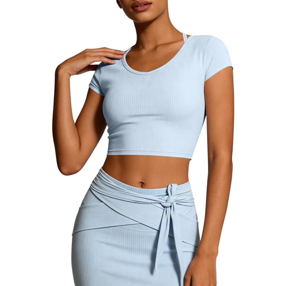DeHolifer Women Workout Tops Short Sleeve Seamless Athletic Shirts Yoga Gym Sports Breathable Tees Slim Cropped Shirt Blue XL