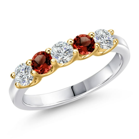 Gem Stone King 925 Silver and 10K Yellow Gold Lab Grown Diamond and Red Garnet Wedding-Bands Ring for Women | 0.91 Cttw | Round 3.5MM | Gemstone April Birthstone | Size 5