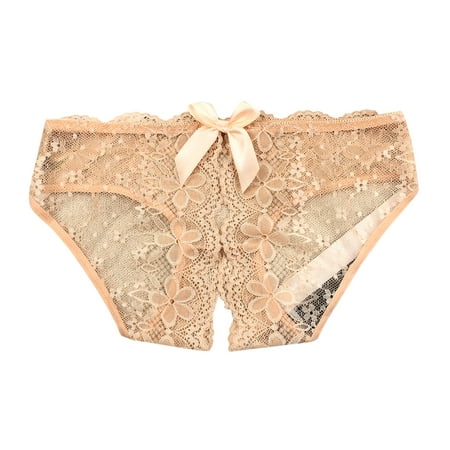 Crotchless Lingerie 1 Piece Beige Lace Thongs Tiny Thong See Through Panties L