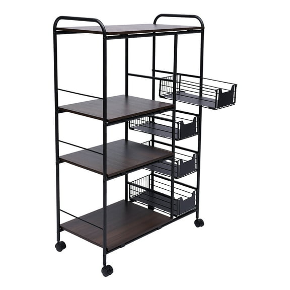 Sturdy Kitchen Baker's Rack, 220 lbs Capacity, 360° Swivel Wheels with Brakes, MDF Countertop, Stylish Walnut and Black Design, Easy to Clean