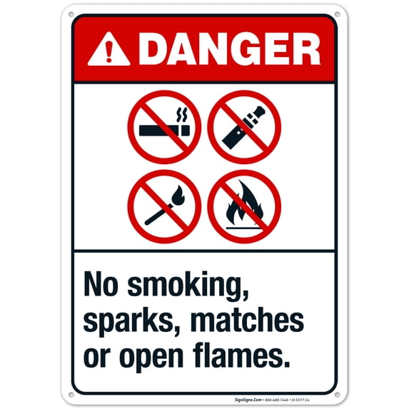 No Smoking, Sparks, Matches Or Open Flames Sign, ANSI Danger Sign,