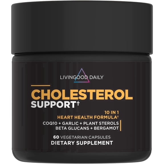 Livingood Daily Cholesterol Support with Garlic, Plant Sterols, CoQ10, Vitamin E & Bergamot for Heart Health, 60 Capsules
