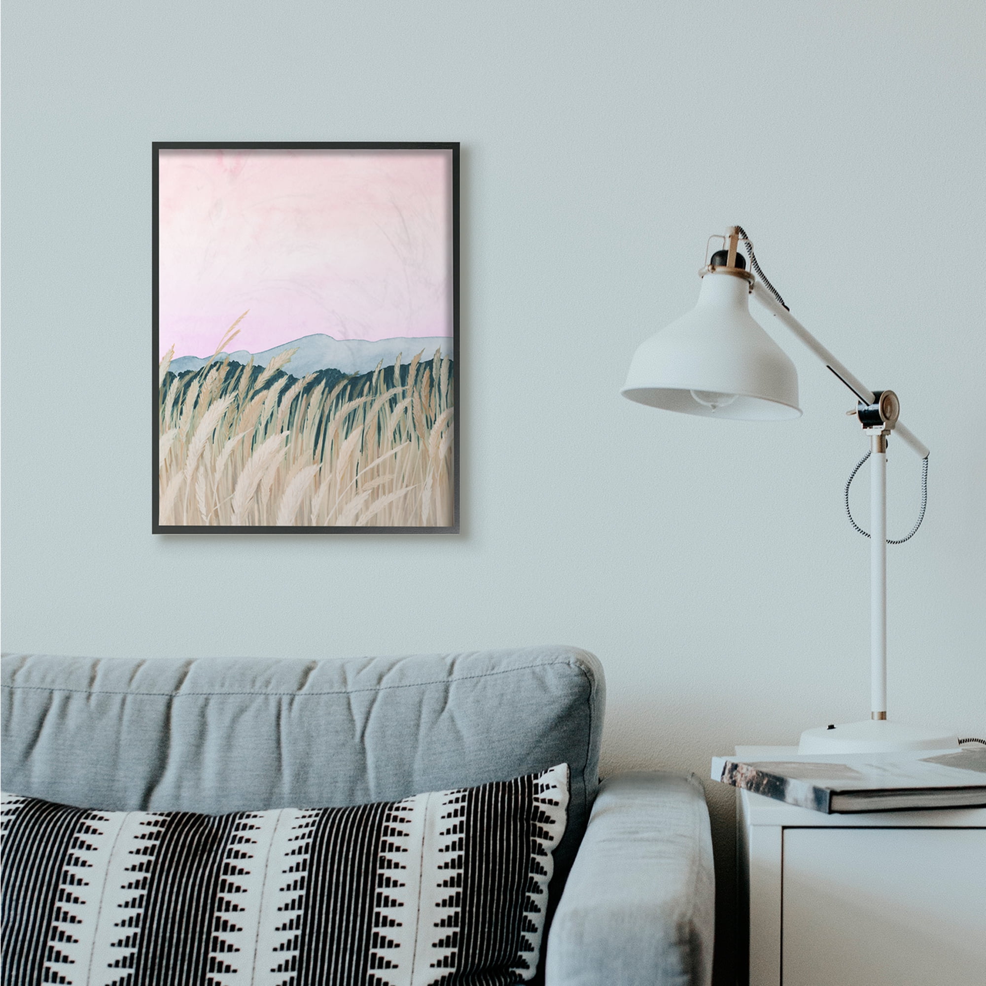 Stupell Industries Wheat Field Dawn Green Pink Watercolor Painting Framed Wall Art by Grace Popp, 24" x 30", Black Framed