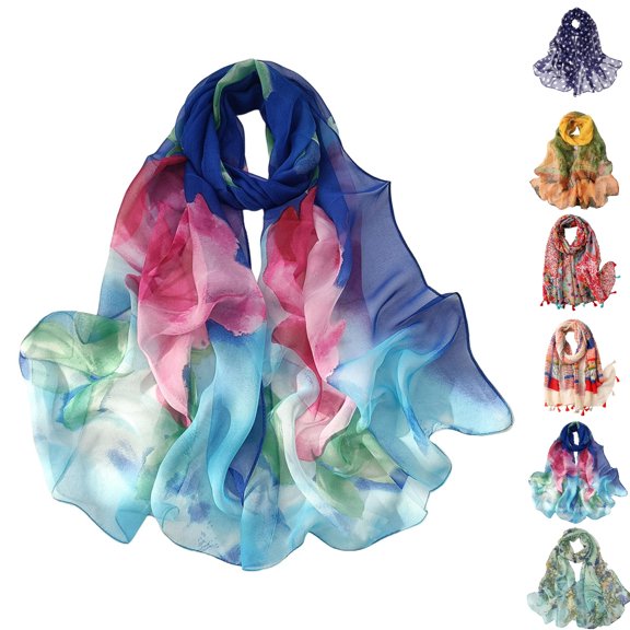 UJNDER Shawl for Dress Sun Protective Scarf Lightweight Beach Wrap with Floral Pattern Soft Sheer Shawl Satin Scarf Blue_003,One Size