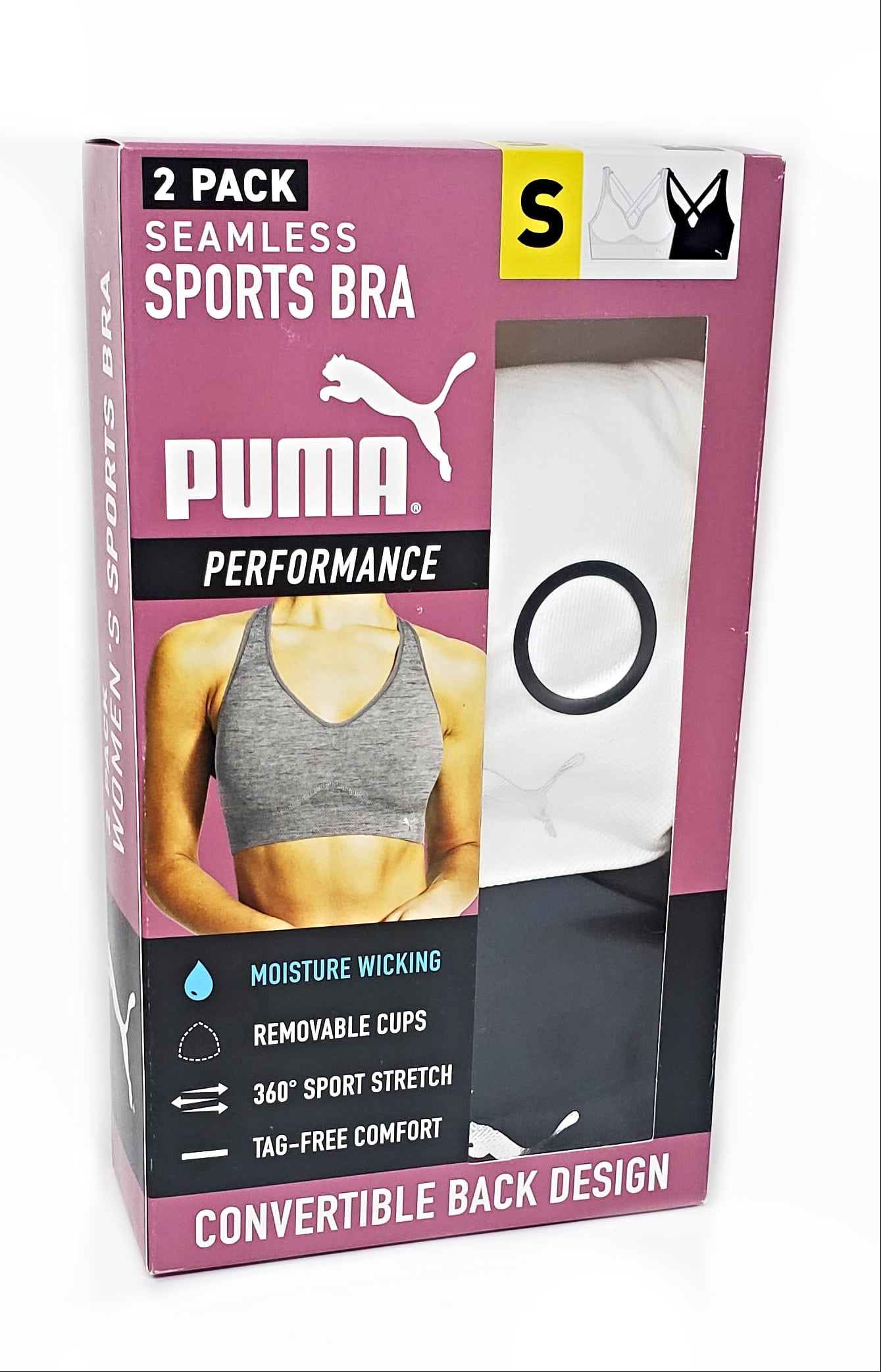PUMA 2 Pack Seamless Sports Bra, Size: S (White, Black)