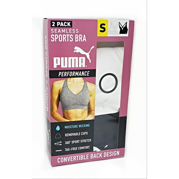 Puma Women's Sports Bra 2 Pack Seamless Removable Cups Size: S, Color: Black/White