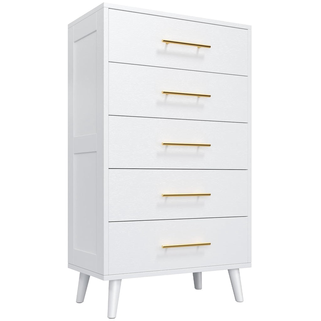 Aiho 5 Drawer Dresser, Tall Chest of Drawers Nightstand Storage Tower Storage Wooden Dresser for Living Room, Bedroom, Hallway - White