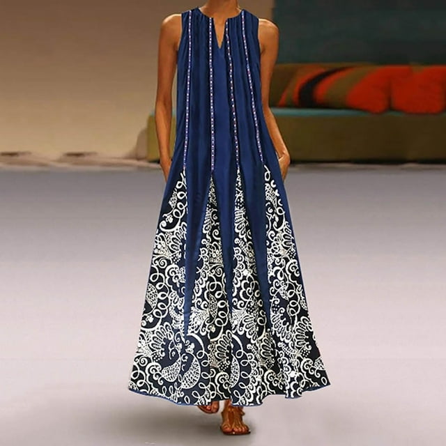 zanvin Robes d'Invitée de Mariage pour Femmes, Robe Longue Sans Manches Ample à Col en V Imprimée de Style Rétro pour Femmes
