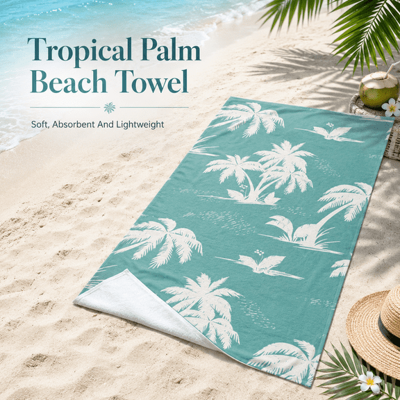 Tropical Palm Tree Teal Mint Green Leaf Microfiber Sandless Quick Dry Absorbent Beach Towel Women Men Pool Swim Resort Vacation Gift 30x60 Inch