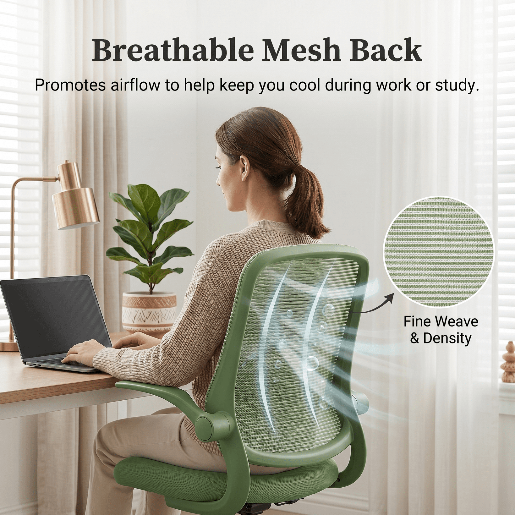Homy Casa Green Mesh Office Chair with Flip-Up Arms, Ergonomic Swivel Desk Chair for Home Office