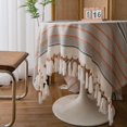 thumbnail image 5 of Nappe à Rayures Boho avec Pompons Faits à la Main Lavable Anti-Poussière pour Tables Rondes (Rayures, 51"x71 Pouces), 5 of 5