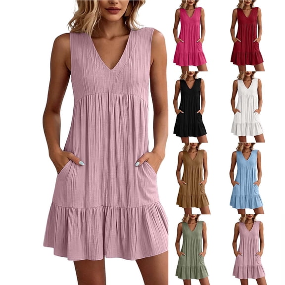 Smsaxvxz Women's Summer Tank Dresses Fashion V Neck Sleeveless Ruffle Hem Casual Loose Beach Vacation Mini Sundress Pink L