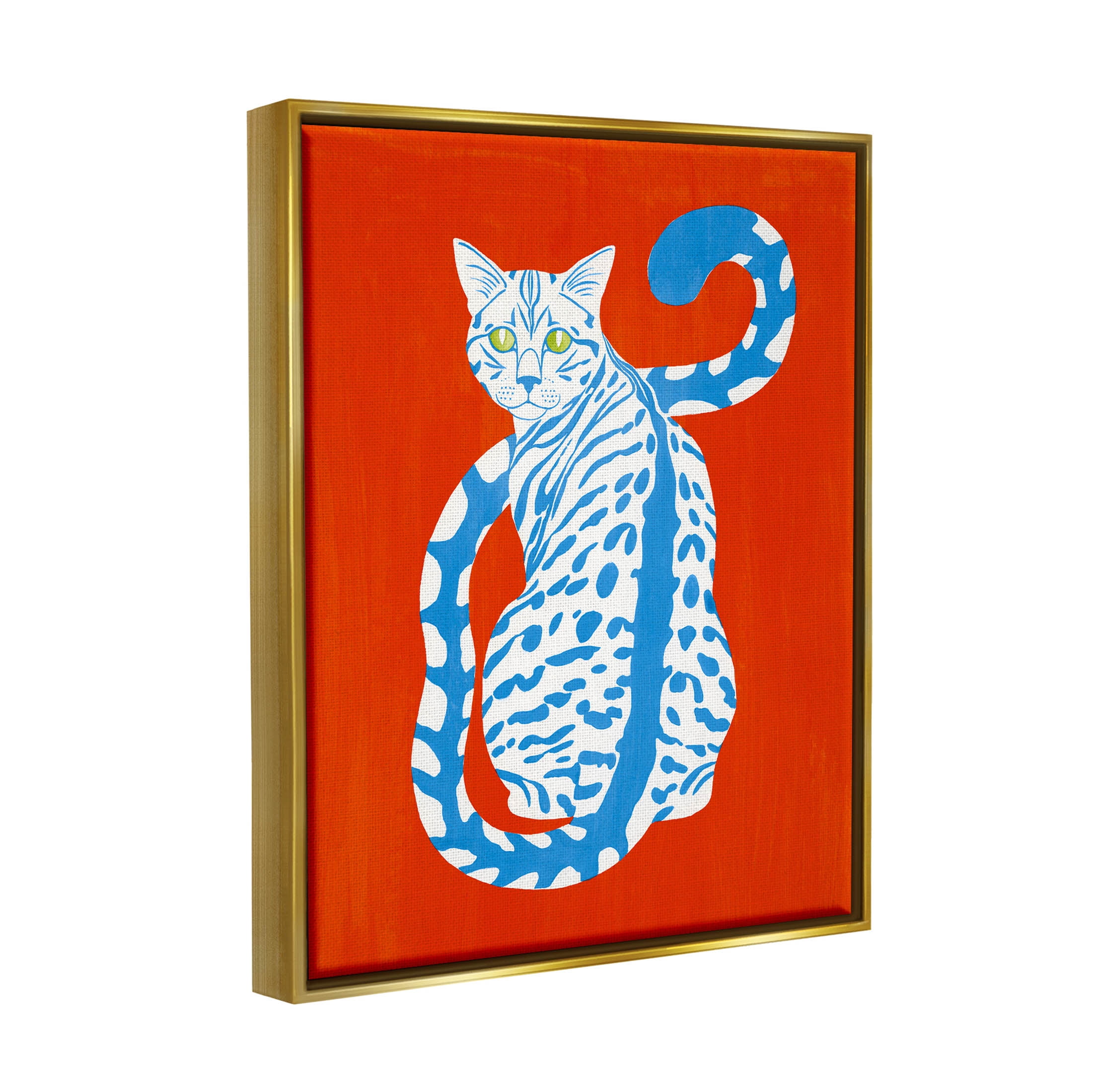 Stupell Industries Blue Gazing Cat Bold Modern Design Graphic Art Metallic Gold Floating Framed Canvas Print Wall Art, Design by Grace Popp
