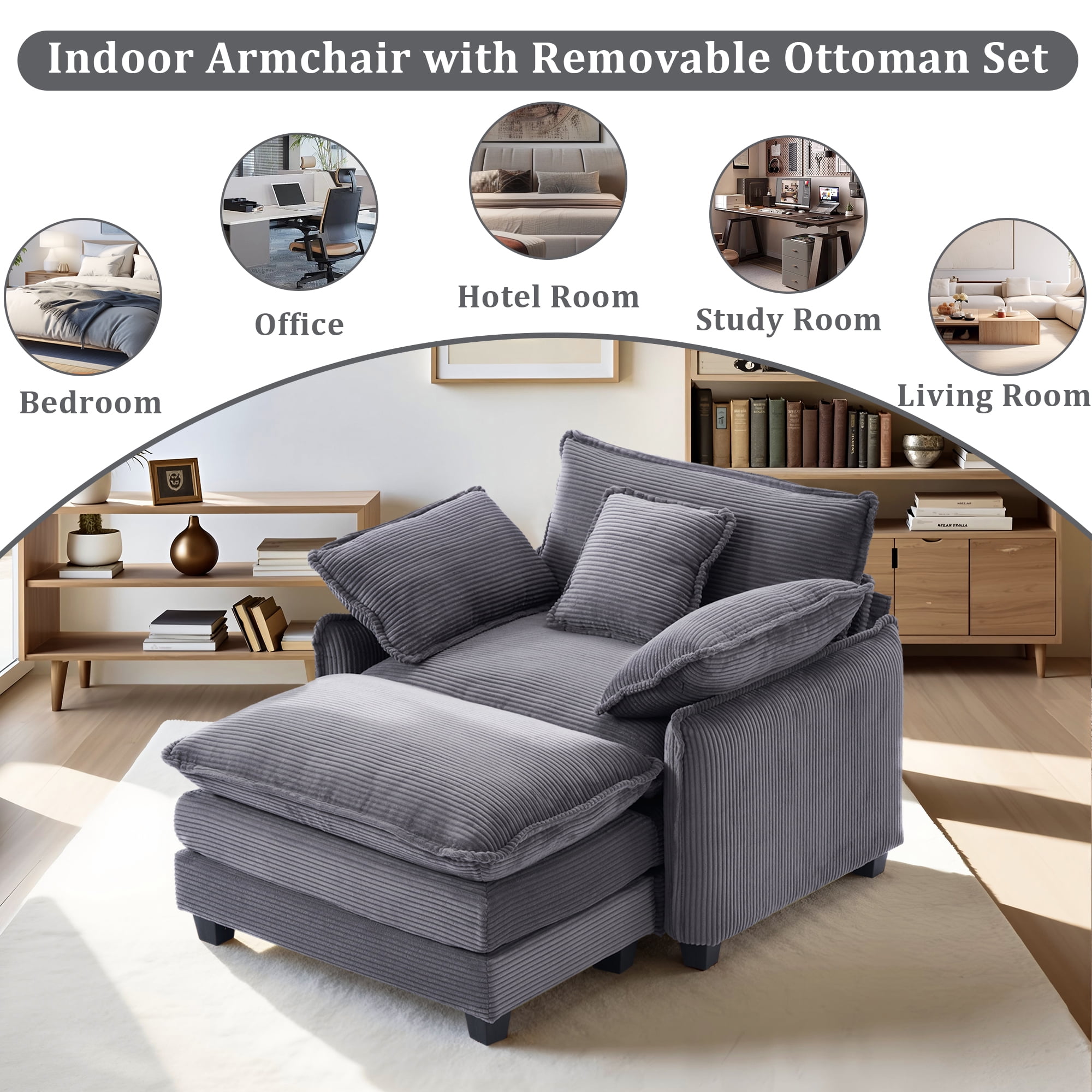 Gexpusm Wide Upholstered Sofa for Living Room and Bedroom, Comfy Living Room Chair, Single Sofa with Ottoman, Gray