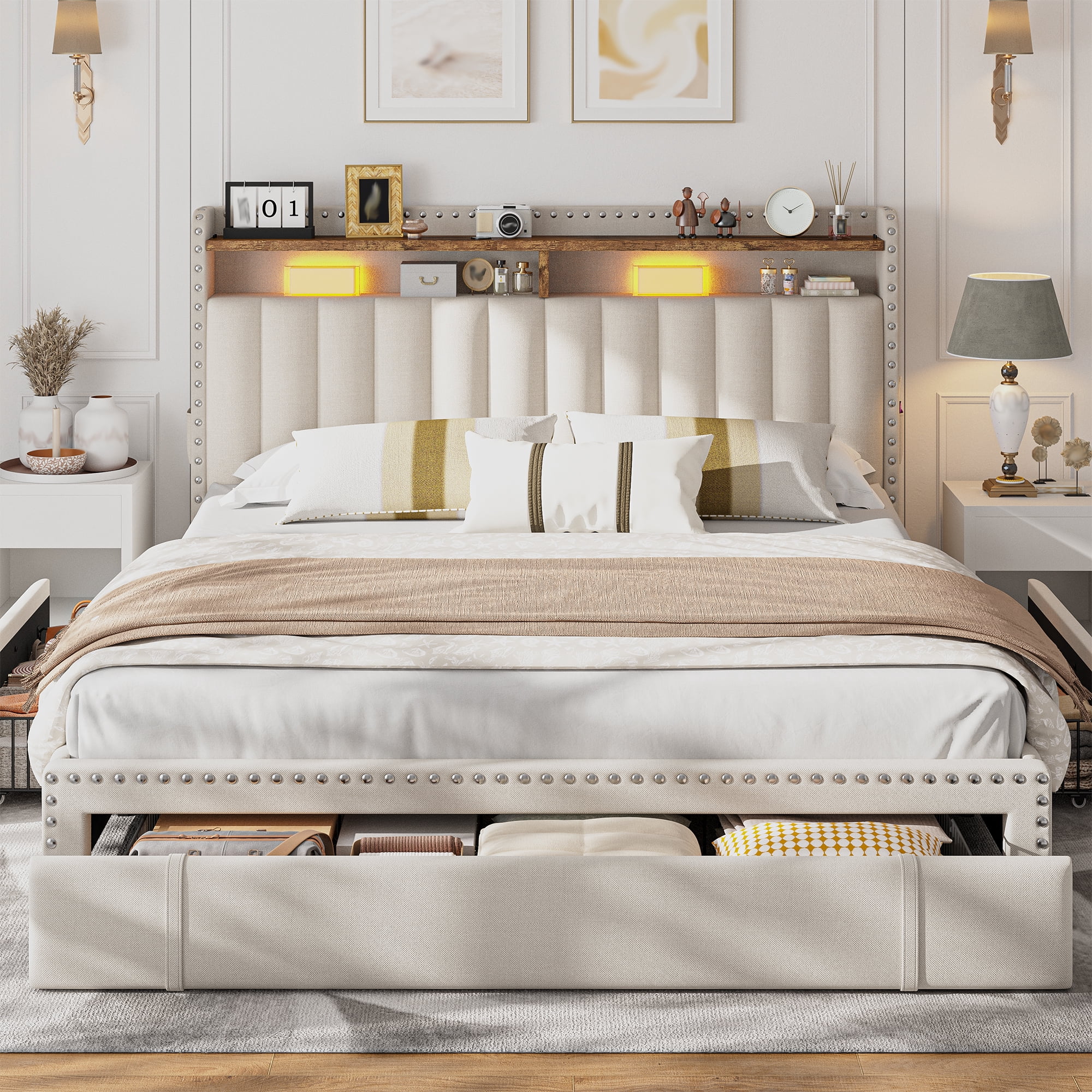 Queen Size Bed Frame with 3 Storage Drawers Upholstered Bed Frame with 2-Tier Shelf Bed Frame with Headboard & Side Pockets,Beige