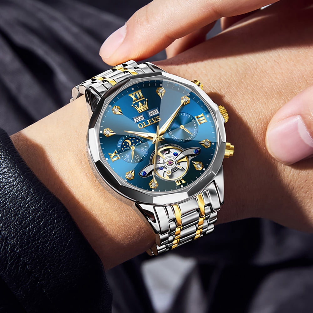 OLEVS Automatic Watches for Men Luxury Dress Waterproof Self Winding Mechanical Moon Phase Chronograph Stainless Steel Luminous Diamond Date Skeleton Tourbillon Wristwatch for Men Reloj Para Hombre