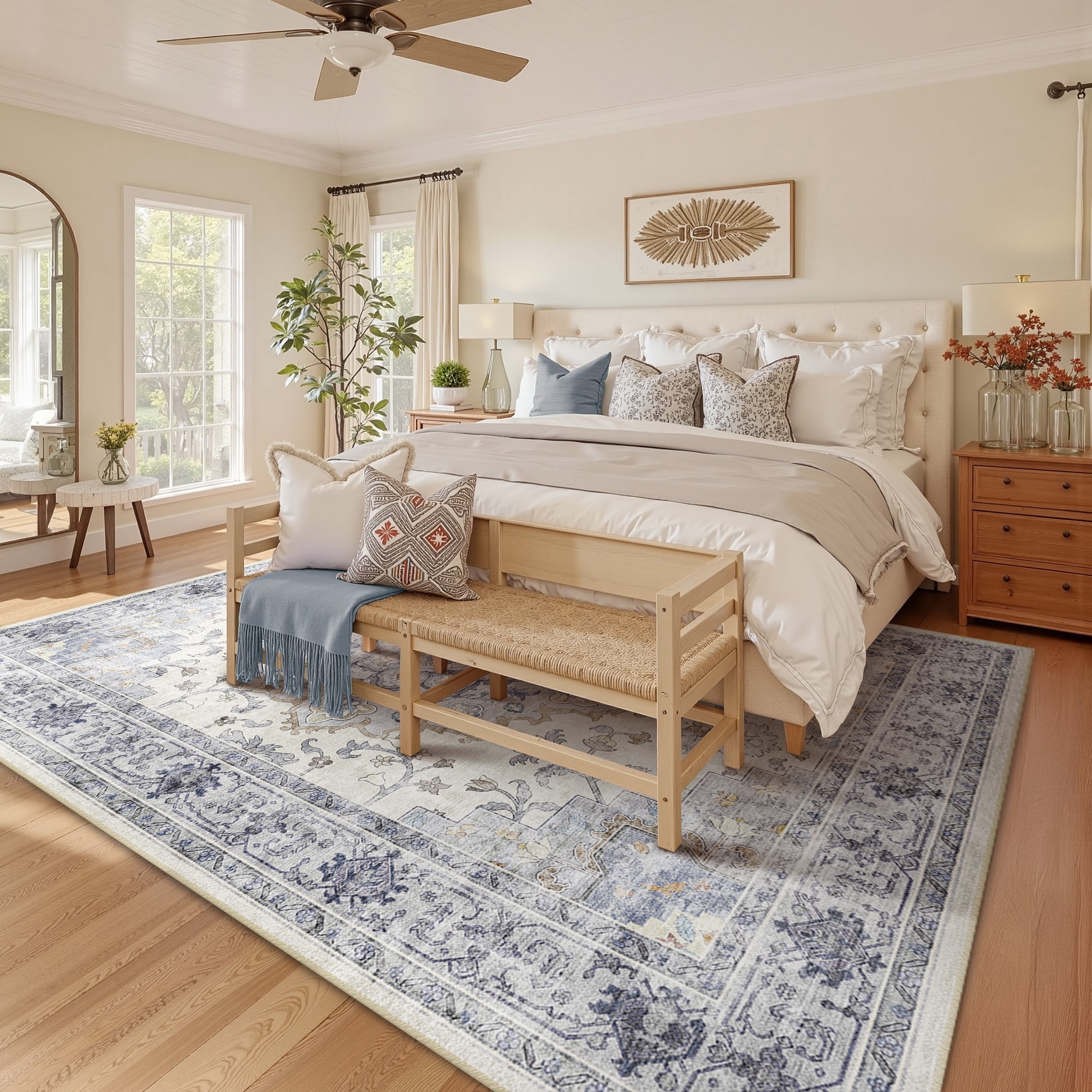 NewBuros 5'x7' Area Rugs, Machine Washable Non Slip Rugs for Living Room, Low Pile Water Repellent Soft Vintage Print Pattern Bedroom Carpet, Blue & White