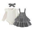 thumbnail image 3 of ZHOGXU Baby Girls Houndstooth Outfit Fly Sleeve Top Suspender Skirt Matching Houndstooth Bow Headband 3PCS Set For Kids,White,6-12 Months, 3 of 9