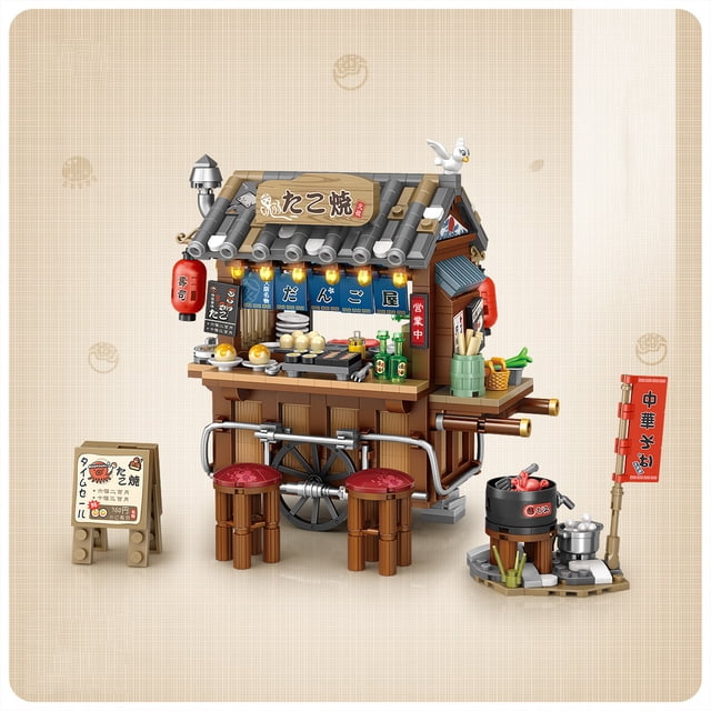 Street View Series Building Blocks Set, Izakaya Shaved Ice Takoyaki Coffee & Panda Tea House DIY Model, Creative Assembled Scenery Bricks Decor Toy Gift for Kids