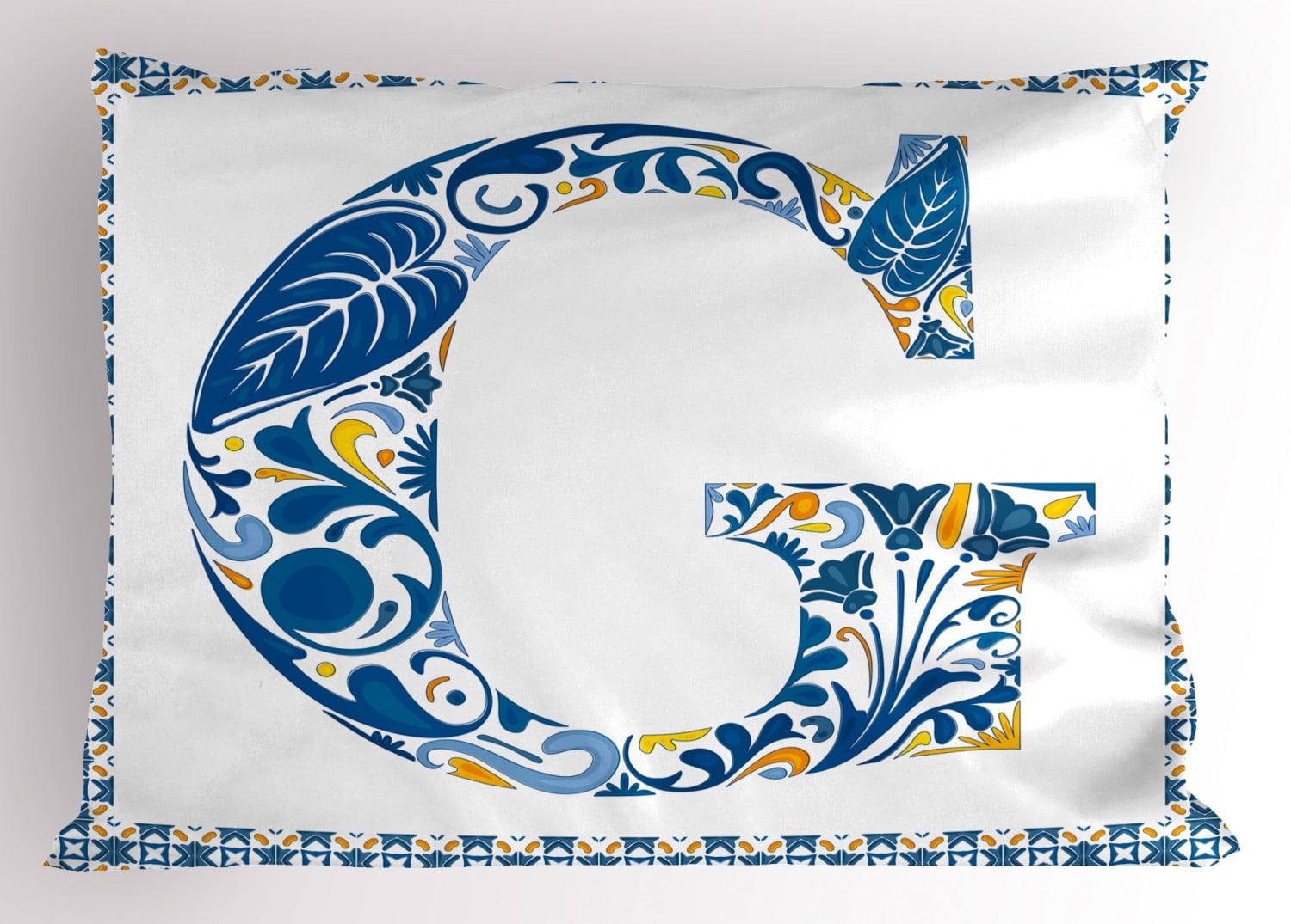 Letter G Pillow Sham Flower Letter G Natural Elements in Blue Tones
