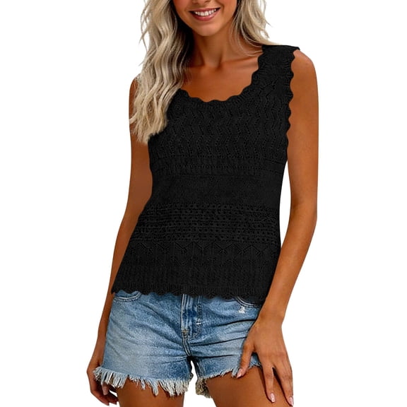 Gsakboxl Summer Tops for Women 2026 Hollow Out Crochet Wave Trim Sleeveless Knit Tank Top Loose Fit Breathable Summer Resort Beach Vacation Outfit Camisole Vest Black L
