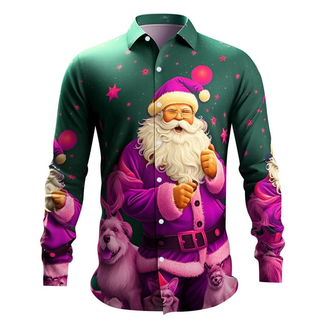 Men's Shirts Santa Digital 3D Printed Button Lapel Long Sleeve Apparel for Christmas Celebrations