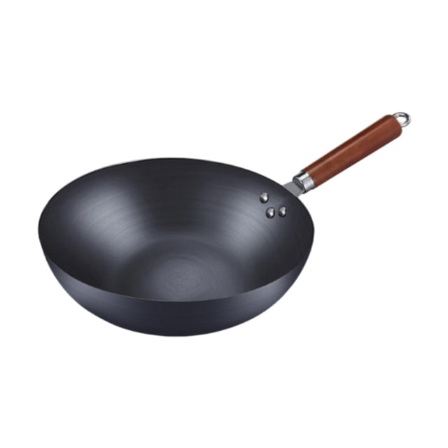 pan con la de frito de hierro fundido wok sin recubrimiento freedphera bottom fry fry sáute pan para comida freing stewing meat sin tapa wok de hierro fundido de 32 cm, vista 3/4 frontal; interior negro sin recubrimiento con textura cepillada, fondo redondo y paredes profundas, mango largo de madera con remaches y aro para colgar; ideal para freír, estofar y saltear para 2–5 personas; requiere curado térmico antes de usar.