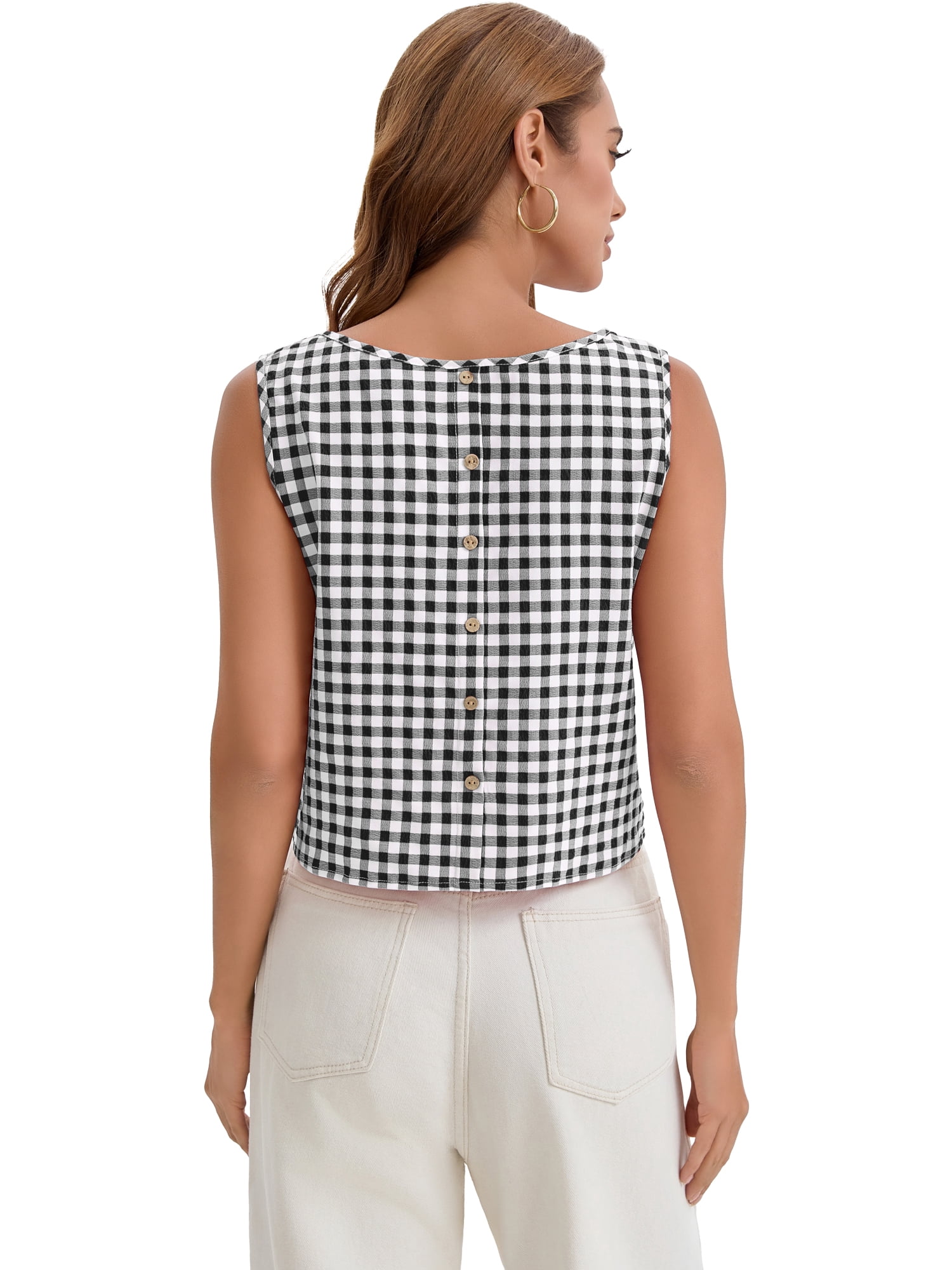 DARING DIVA Women's Gingham Summer Crop Tank Tops Button Back Sleeveless Shirts L Black