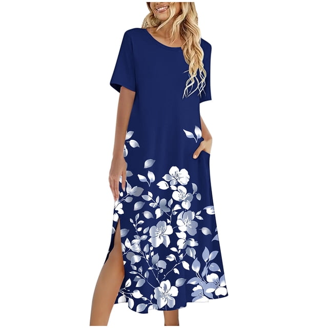 Staron Robes d'Été Décontractées pour Femmes en Liquidation à Moins de 10 $ Sans Manches à Col Rond Fendue Hawaïenne Robe de Printemps Décontractée avec Poches Tenues de Plage Robes Chemise Amples TG