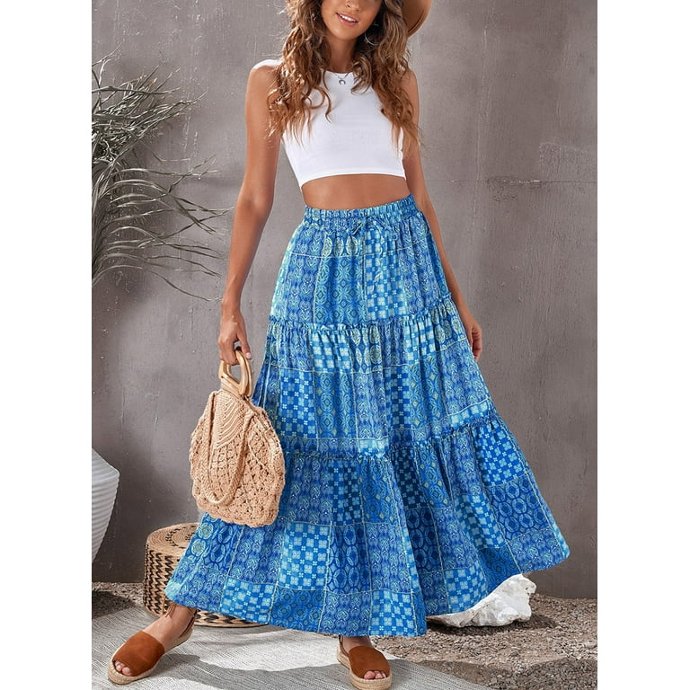 Astylish Floral Boho Maxi Skirts for Women Elastic High Waist Ruffle Long Skirt Vintage Ethnic Style A line Skirts Female S 2XL Walmart