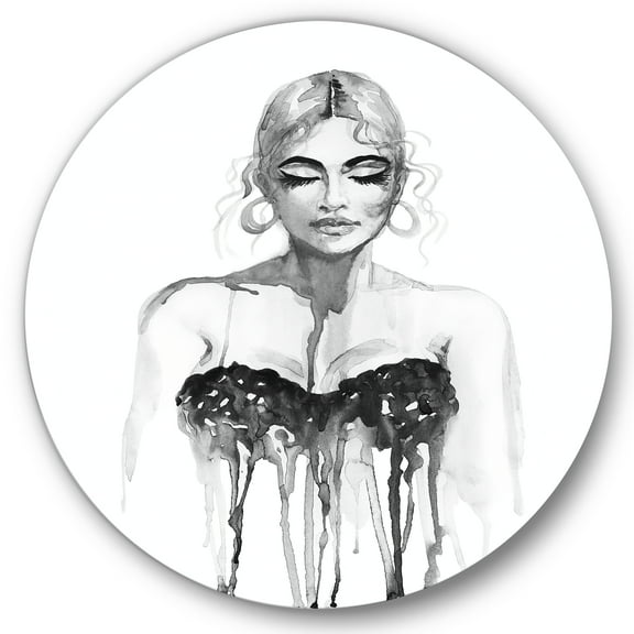 Designart 'Black and White Portrait of Woman Wearing Evening Dress' Modern Circle Metal Wall Art 36x36 - Disc of 36