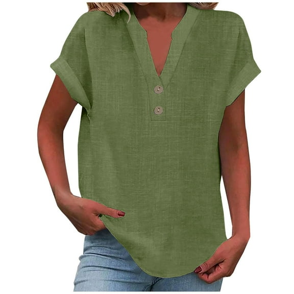 VINUSLI Linen Blouse for Women 2025 Casual Short Sleeve Cotton Linen Shirts Henley Button V Neck Tunic Blouse Beach Vacation Tops Green,XXL