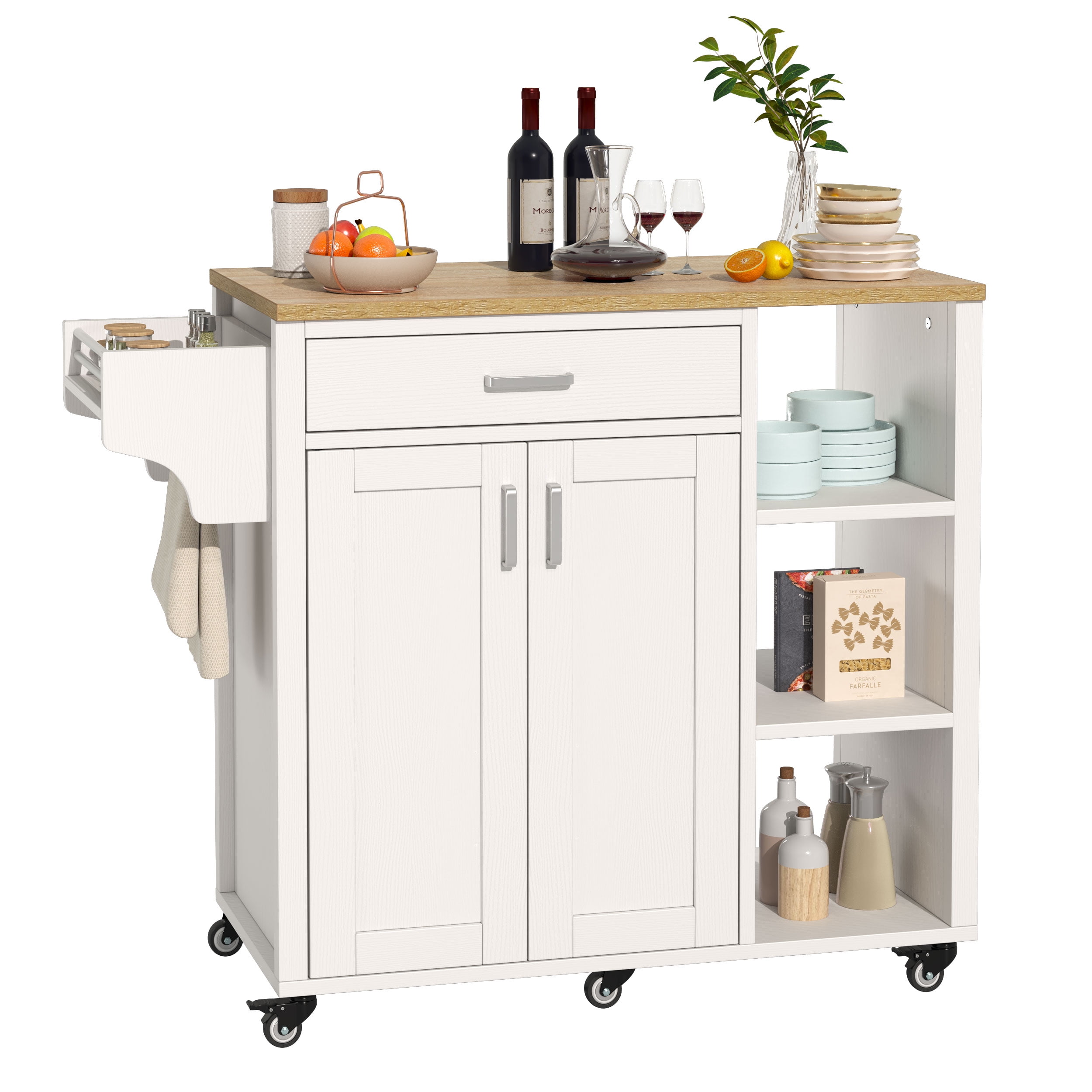 DEXTRUS 37" Kitchen Island Cart with Storage, Kitchen Storage Cart with Shelves & Spice Rack, White