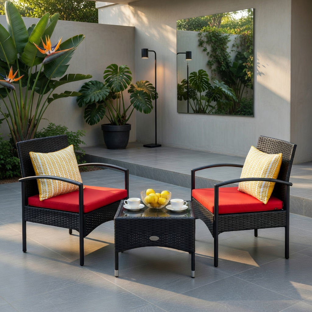 Hommoo 3-Piece Outdoor Wicker Patio Furniture Set with Weather-Resistant Cushions, Rattan Chairs & Table for Backyard, Garden, Patio, Red